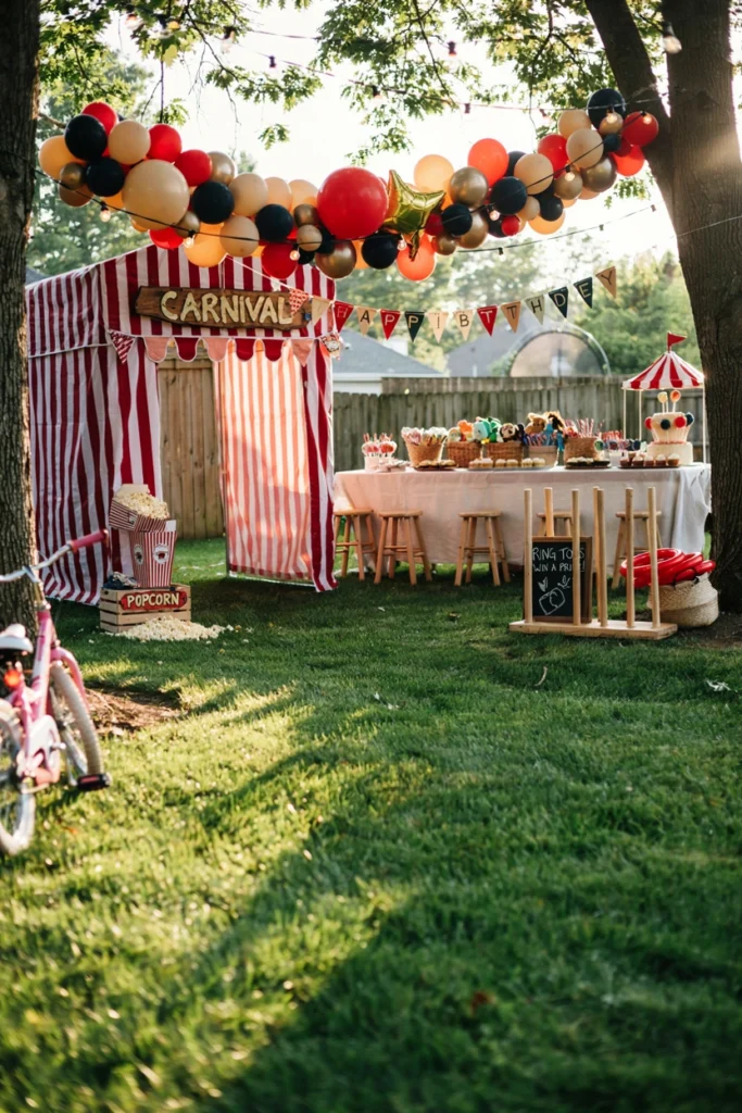 A backyard carnival birthday party with striped balloon decor and game booths
