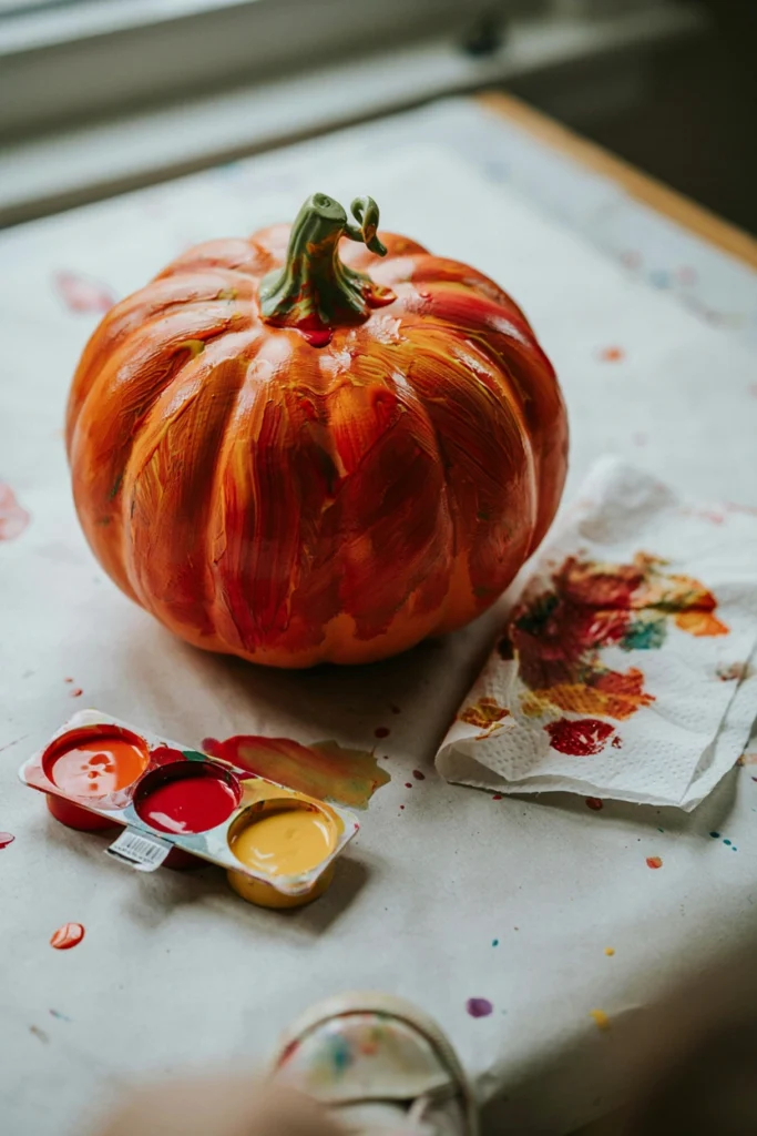 Foam pumpkin covered in swirling orange, red, and yellow finger-painted streaks