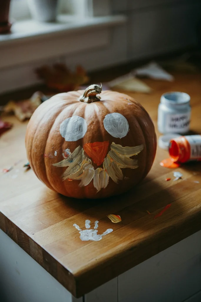Brown pumpkin painted to look like an owl with large white eyes and an orange beak