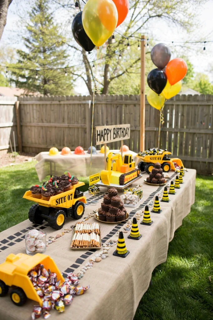 Kids dressed in construction hard hats and vests playing at a backyard construction zone birthday party