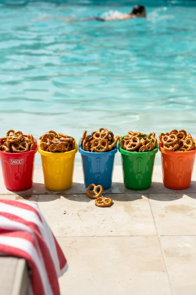 Pretzel twists filling small sand-pail-style buckets set along a pool deck