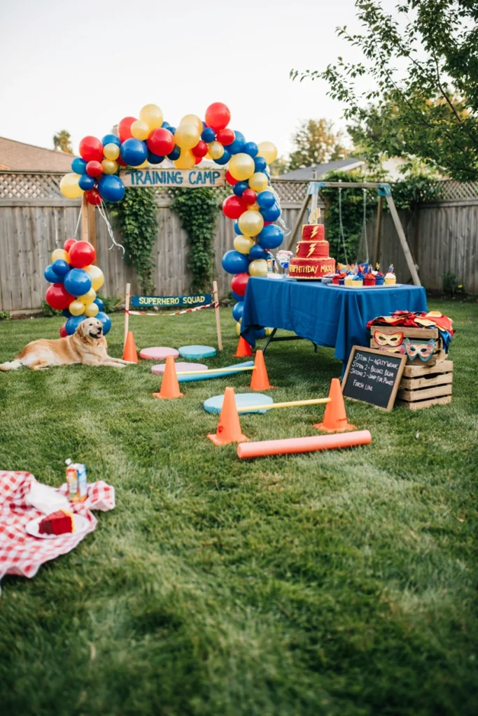 Kids wearing superhero capes and wristbands running through a backyard obstacle training course