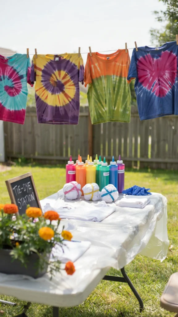 Kids in aprons twisting white t-shirts with rubber bands at an outdoor table covered in plastic, squeeze bottles of dye in rainbow colors