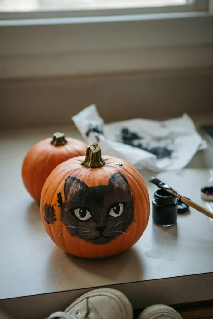 Pumpkin painted with a detailed, shaded portrait of a black cat's face