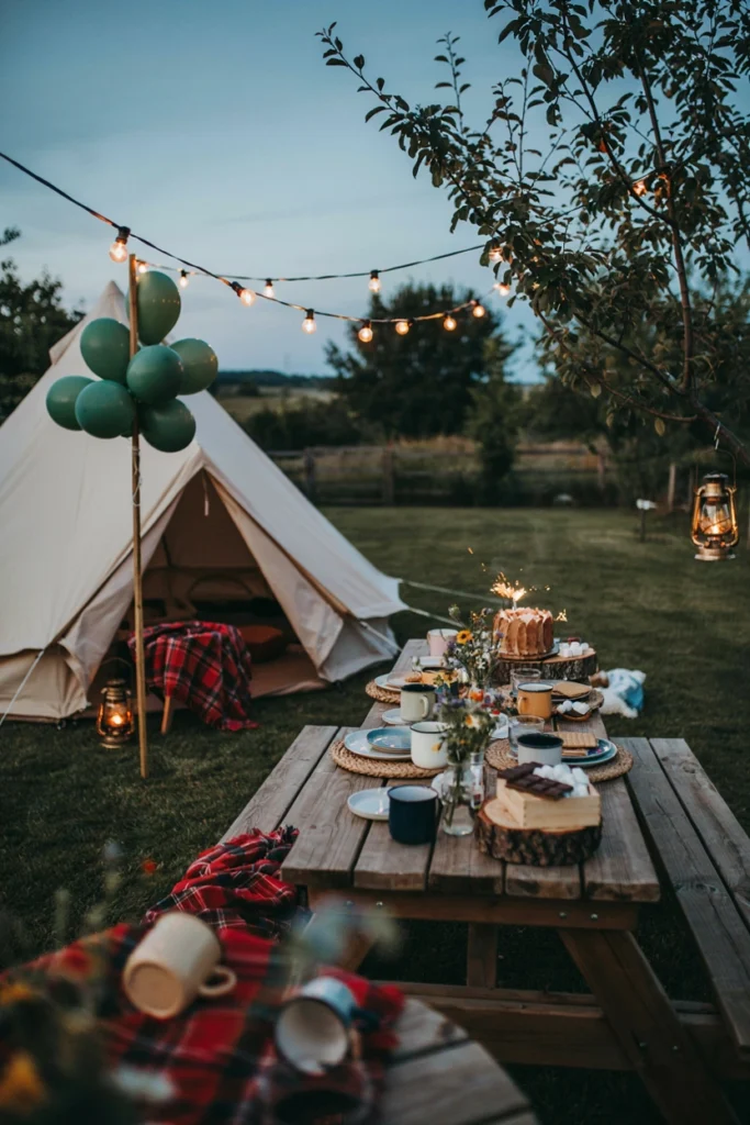 A cozy backyard camping birthday party with a tent, string lights, and flannel picnic blankets