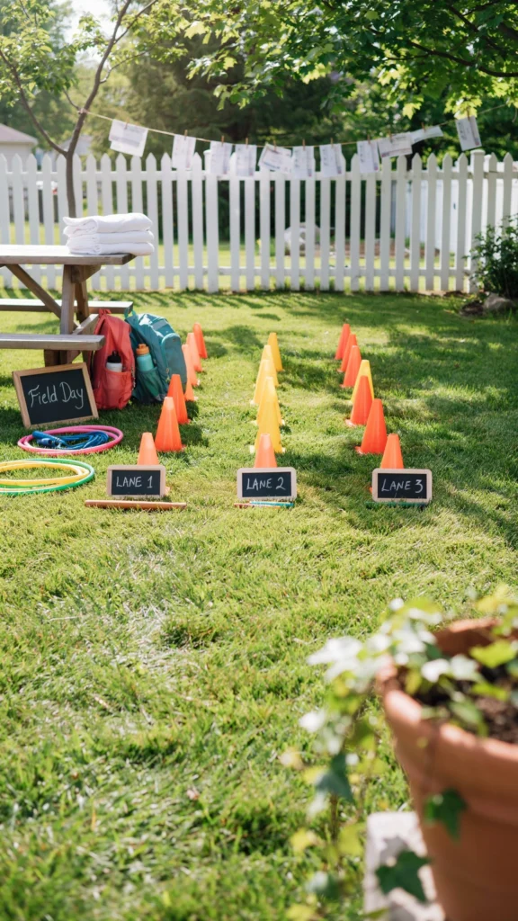 backyard field day relay setup, colorful cones marking grass lanes, stacked pillowcases for sack races, backpacks and a small chalkboard sign reading ‘Field Day,’