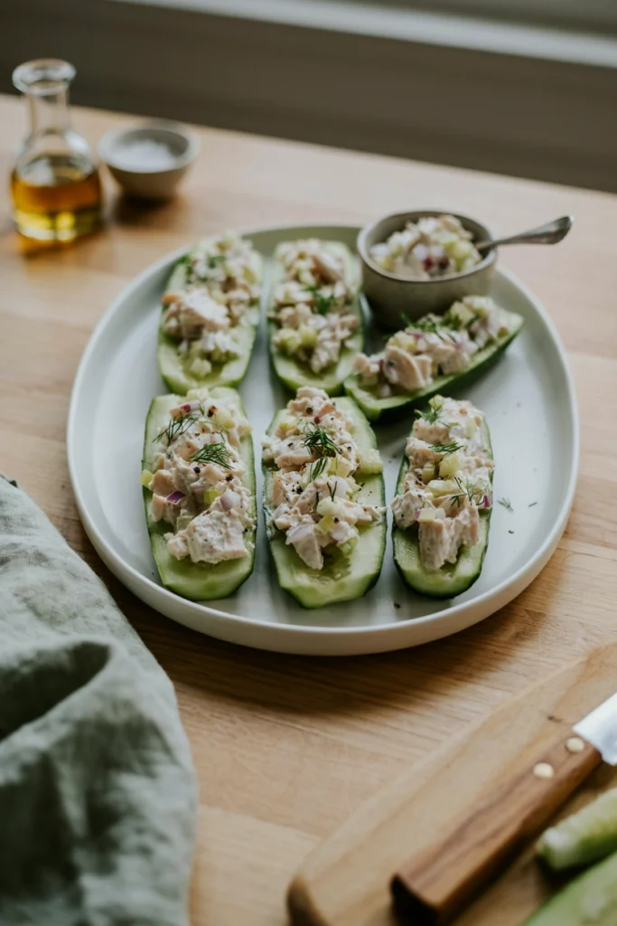 Cucumber halves hollowed out and filled with creamy chicken salad, arranged in rows on a serving platter