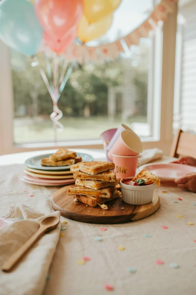 Mini grilled cheese sandwiches cut into triangles