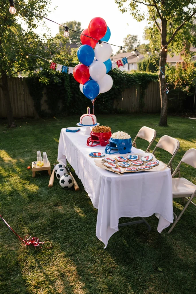 A multi-sport birthday party setup with soccer, basketball, and baseball decorations on a field