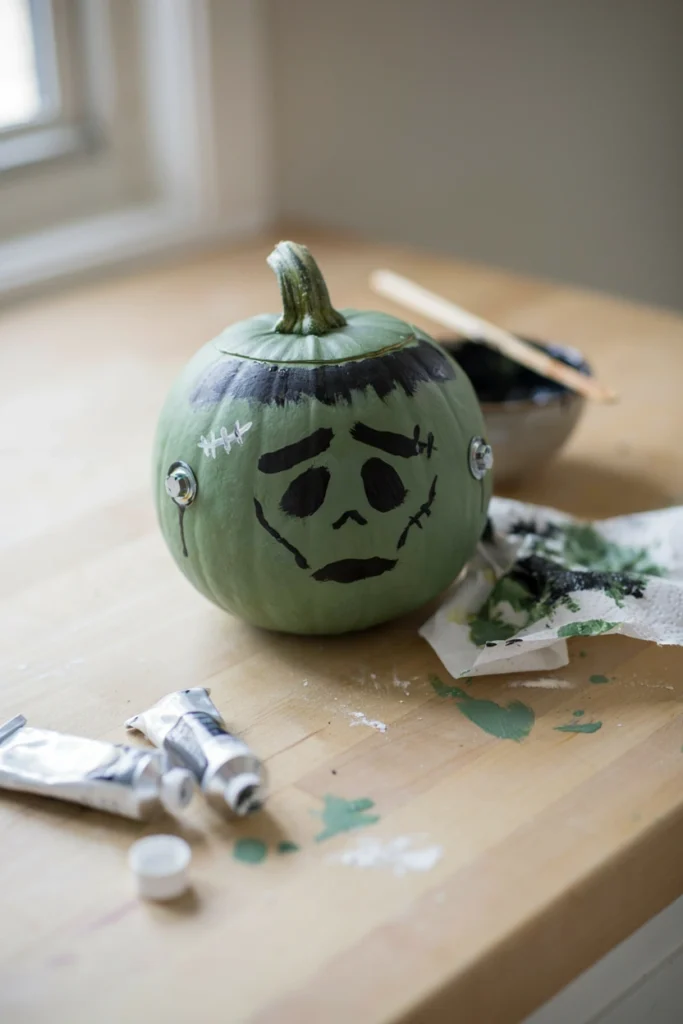 Green pumpkin painted as Frankenstein's monster with black eyebrows and silver bolts