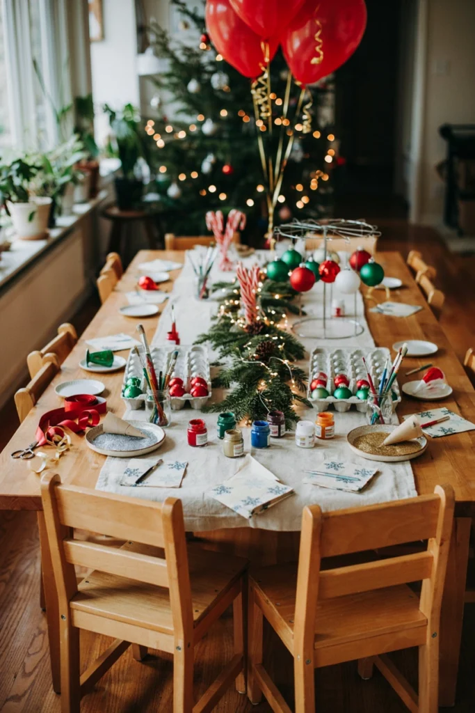 Clear plastic ornaments being painted by kids at a table covered in newspaper, paint pots and brushes in front of each child