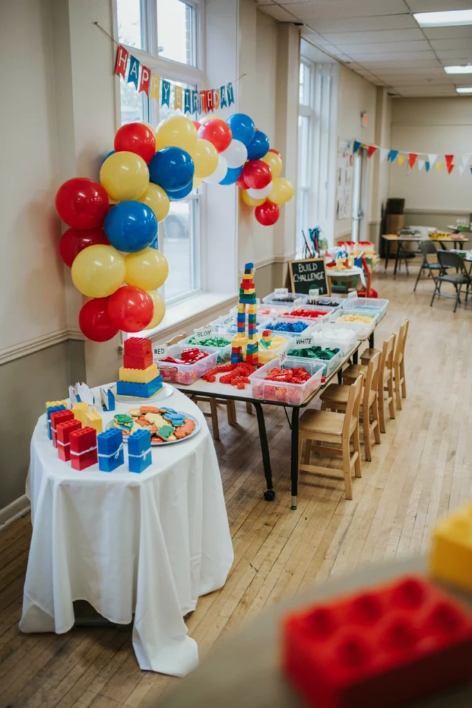 Bins of colorful building bricks dumped across a table for a timed tower-building birthday party challenge