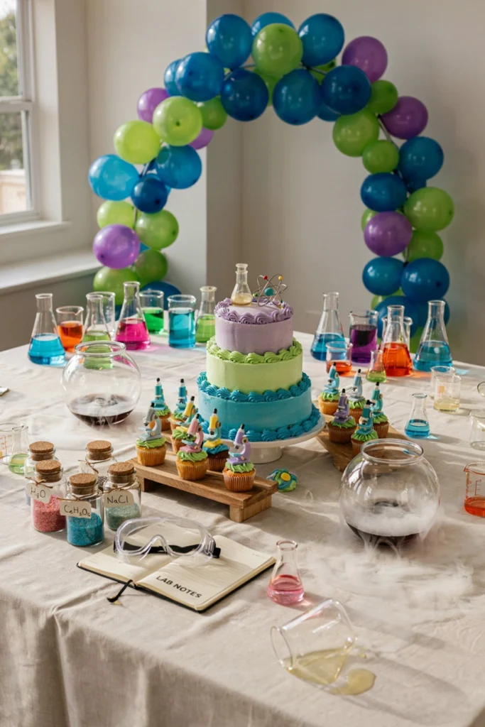 A mad science lab birthday party with beakers, microscope decor, and a fizzing potion experiment