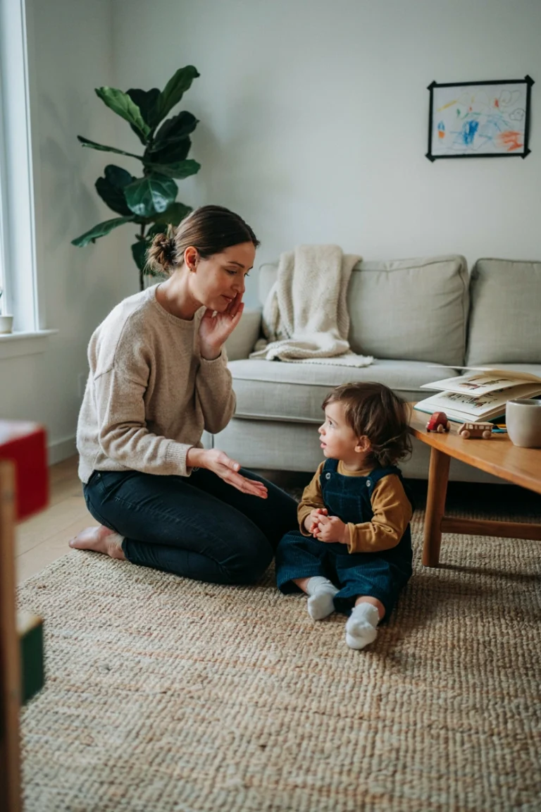 A calm parent kneeling at eye level with a young child mid-conversation, warm home setting, soft natural light