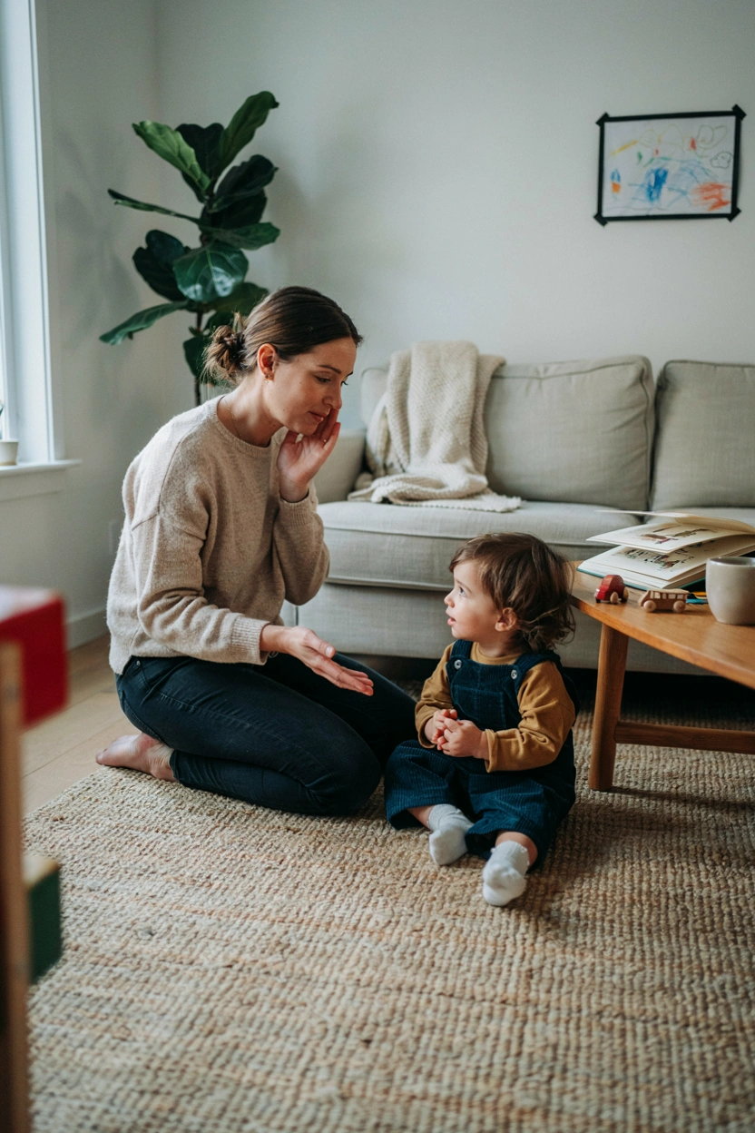 A calm parent kneeling at eye level with a young child mid-conversation, warm home setting, soft natural light