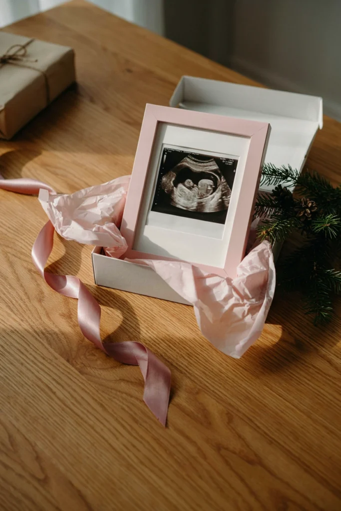 Opened gift box with a photo frame displaying an ultrasound image bordered in pink