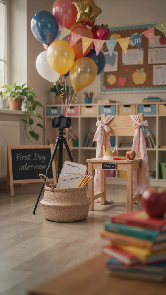 photo of a first-day interview station, decorated kid-sized chair, phone tripod pointed toward chair, chalkboard sign reading ‘First Day Interview,’ basket with question cards and pencils, school-themed balloon cluster
