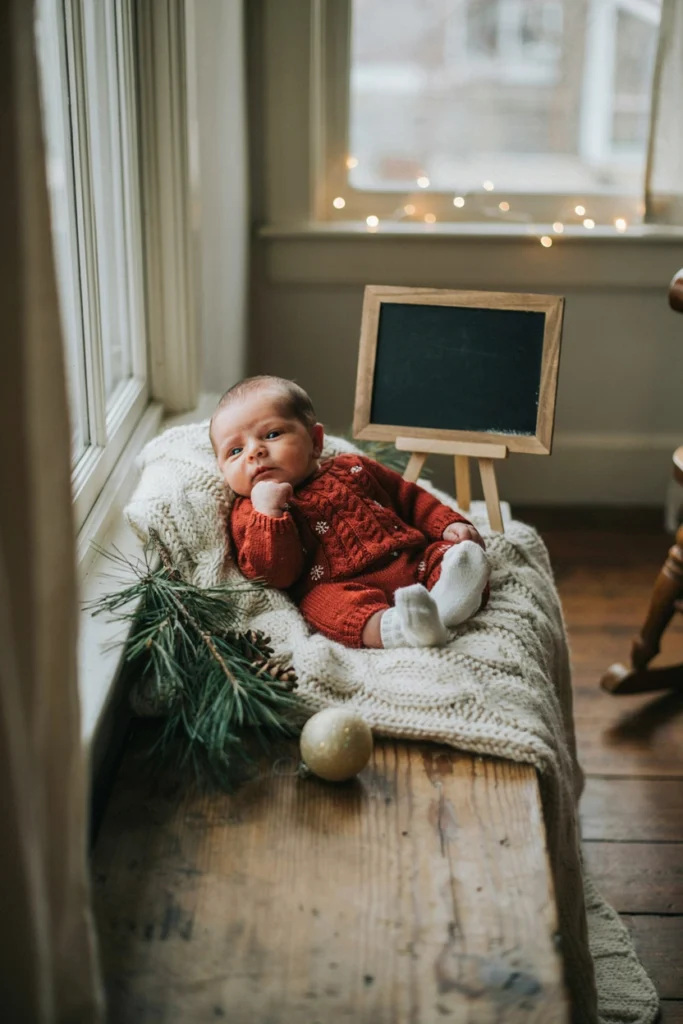 Baby beside handwritten chalkboard sign reading My First Christmas