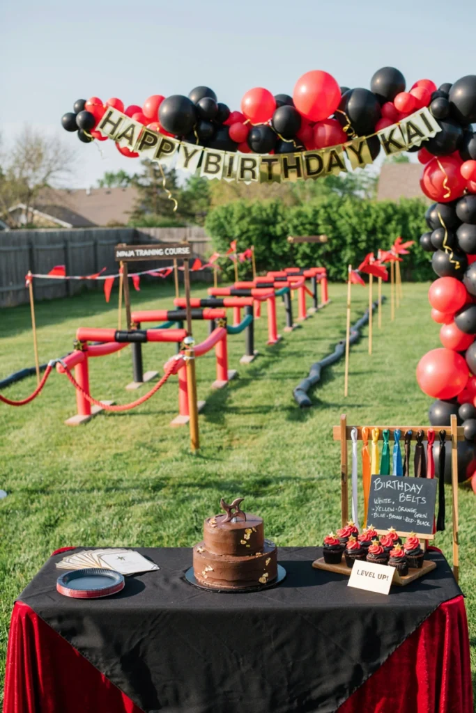 A child balancing across a low backyard ninja obstacle course of beams and ropes