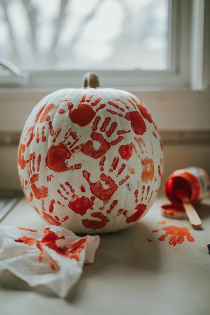 Flat white pumpkin covered in rows of tiny orange handprints