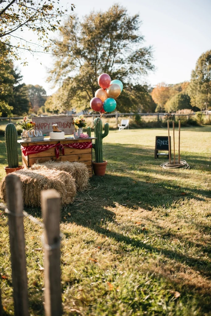 Hay bales set up as seating and decor for a rustic wild west rodeo birthday party