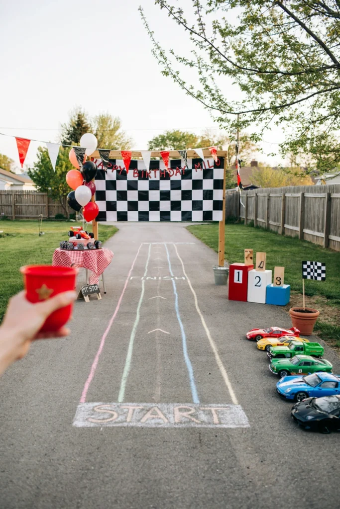 Chalk lane lines and a finish line ribbon drawn on a driveway for a race car speedway birthday party
