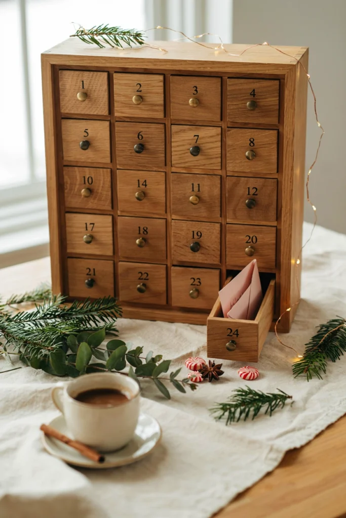 Wooden advent calendar with final drawer open revealing a pink slip of paper