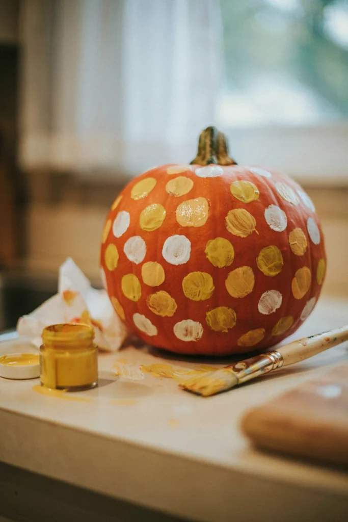 Orange pumpkin covered in large yellow, white, and cream polka dots