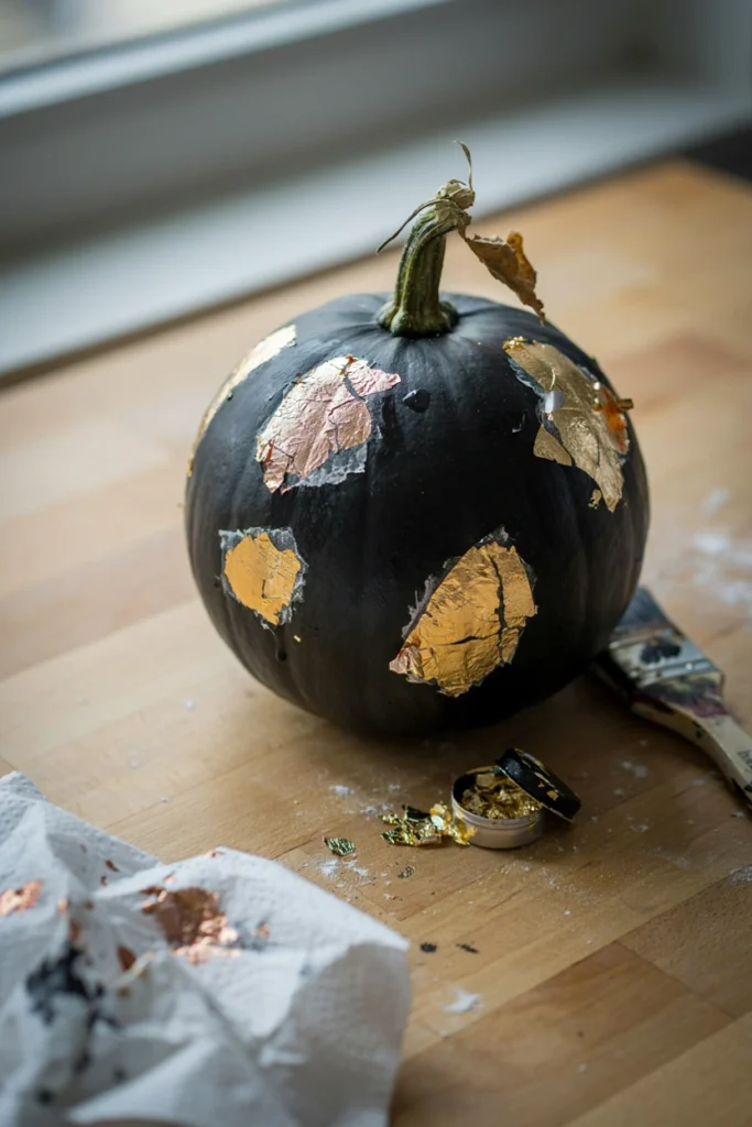 Black pumpkin decorated with gold and copper foil leaf in a cracked-metal effect