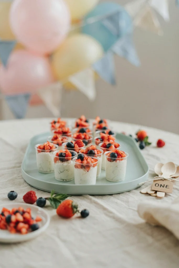 Cottage cheese and diced berry cups in small mason jars