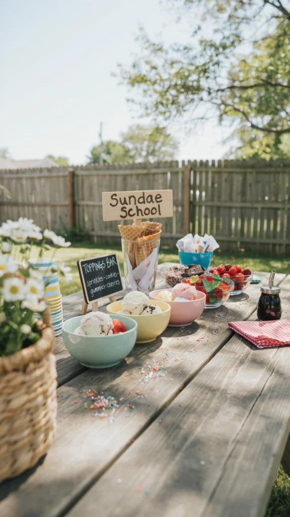 A sundae bar on a picnic table with labeled topping bowls, waffle cones in a jar shaped like a pencil cup, and kids building their own sundaes