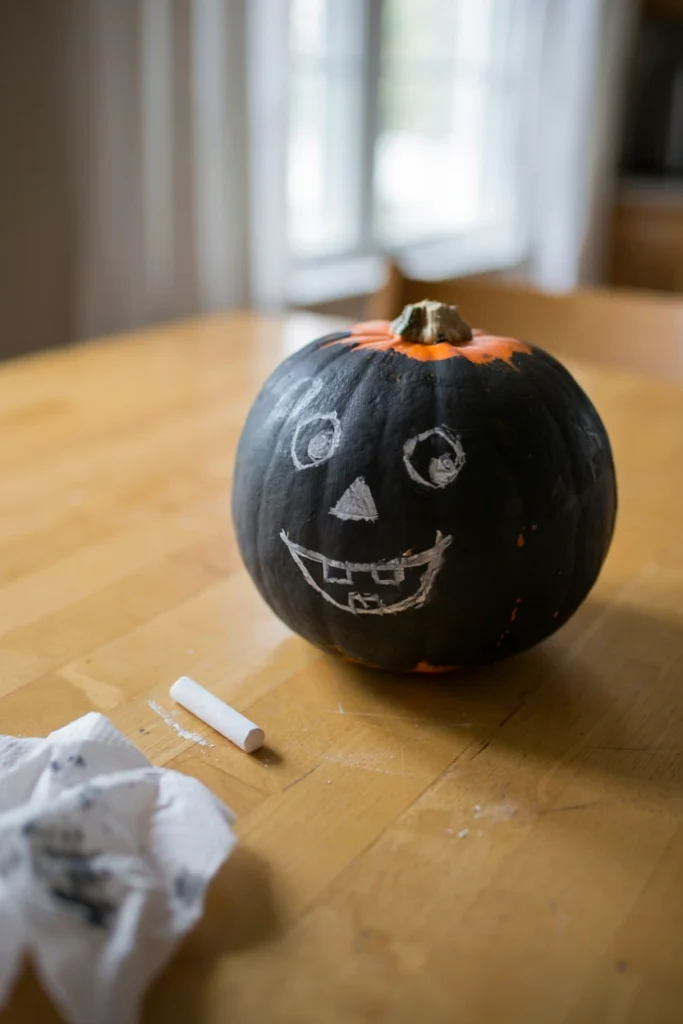 Black chalkboard-painted pumpkin with a face drawn on in white chalk
