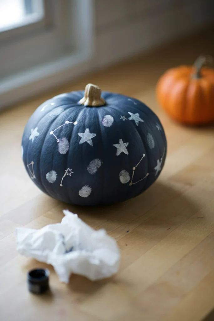 Navy blue pumpkin with white and silver fingerprint dots forming star constellations