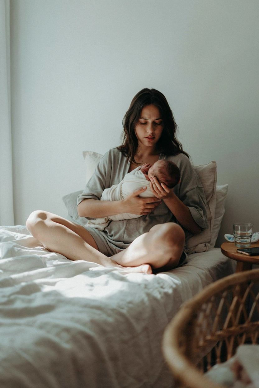 A tired mom holding her baby close, mid-cluster feeding, with gentle morning light.