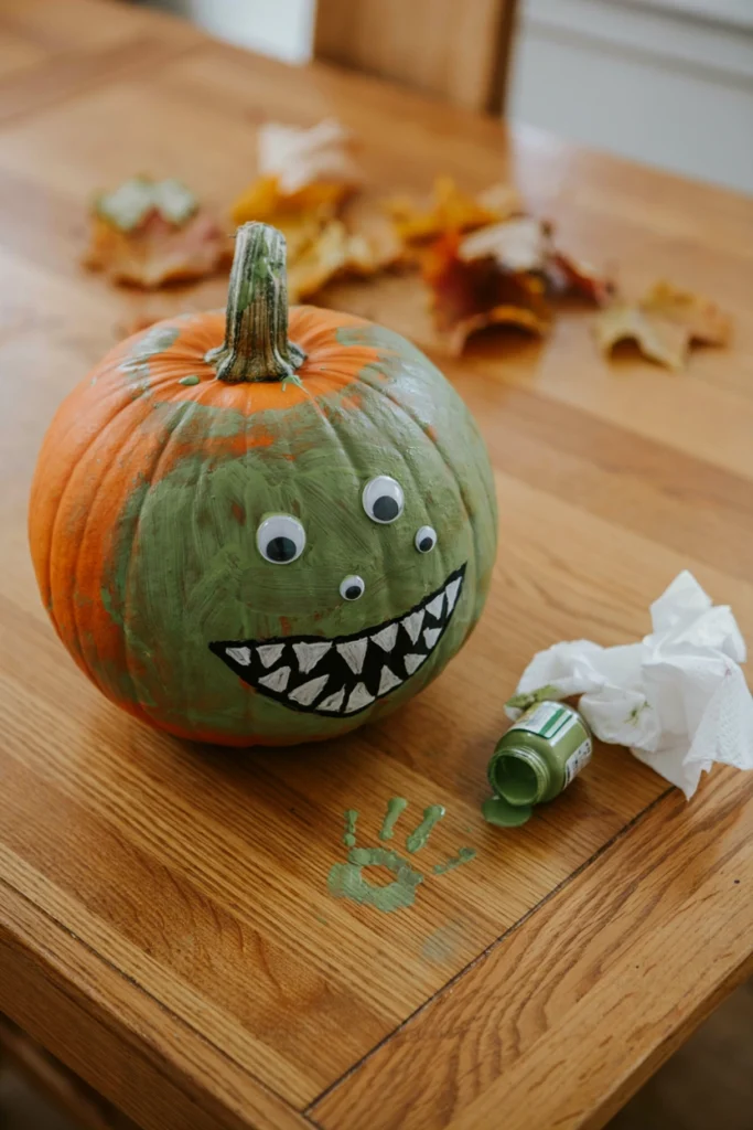 Green pumpkin covered in mismatched googly eyes with a jagged painted mouth