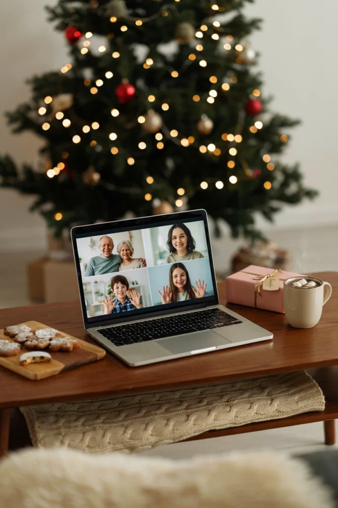 Laptop showing a video call grid with one family member holding up a pink sign