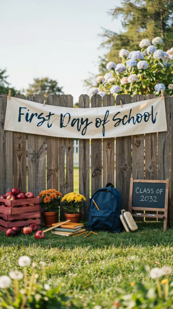 backyard first-day-of-school photo backdrop, fabric banner reading ‘First Day of School’ hung on a wooden fence, apple crates, small potted mums, backpack and school supplies styled nearby