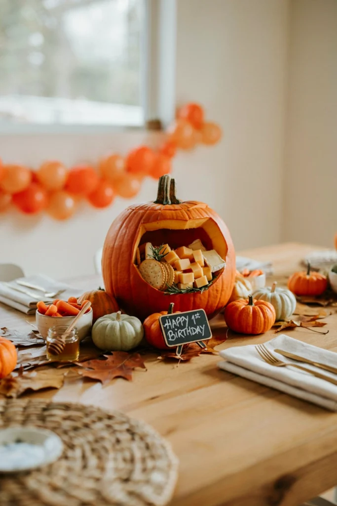 Hollowed pumpkin filled with cheese cubes and crackers for a fall party