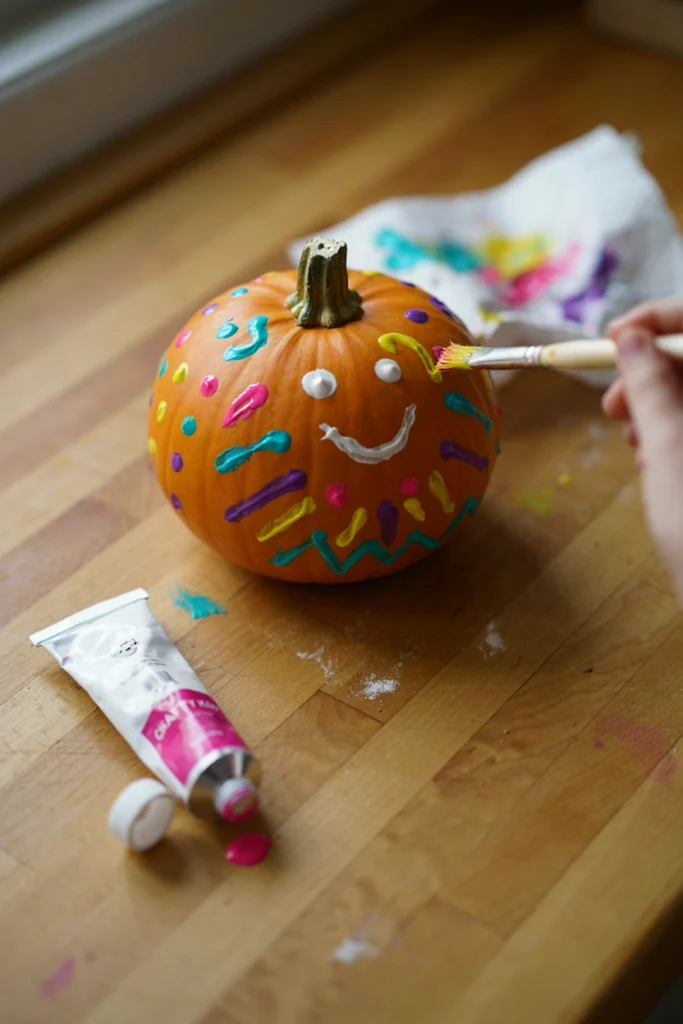 Pumpkin decorated with raised puffy fabric paint dots and squiggles