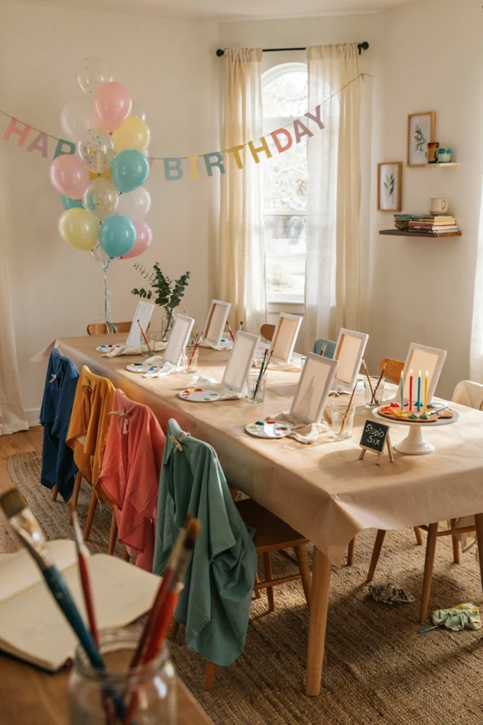 Kids seated at a table painting canvases as the activity for a little artist studio birthday party