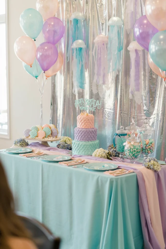 Iridescent mermaid party lanterns and balloons creating a soft shimmery underwater lagoon scene
