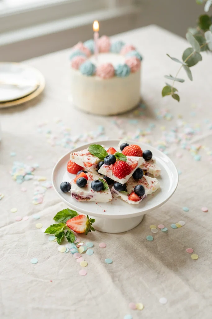 Frozen yogurt berry bark broken into pieces on parchment paper