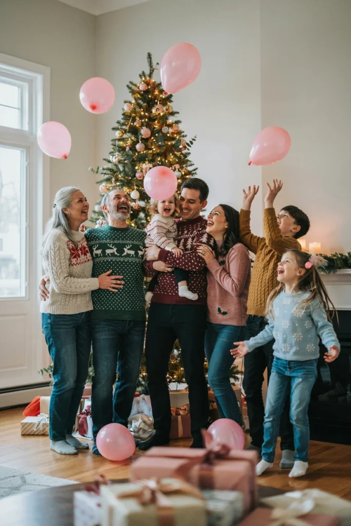 Extended family posing in front of the tree as pink balloons drop from an overhead net
