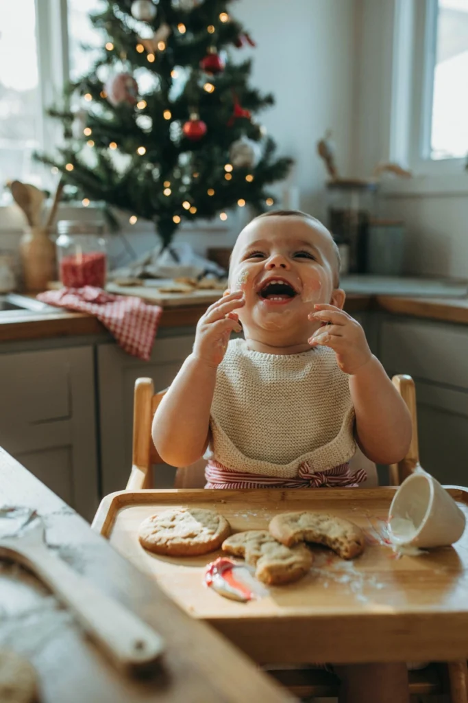 Baby covered in flour and frosting in highchair with holiday cookies