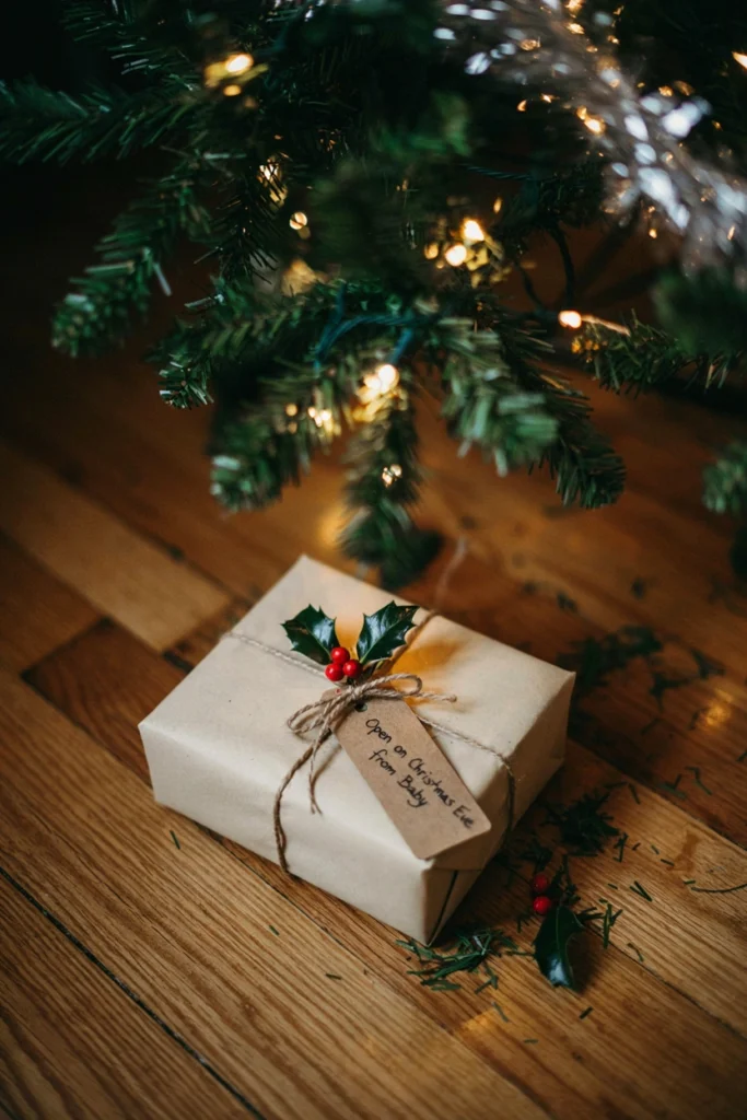 Wrapped present with a handwritten gift tag reading Open on Christmas Eve from Baby