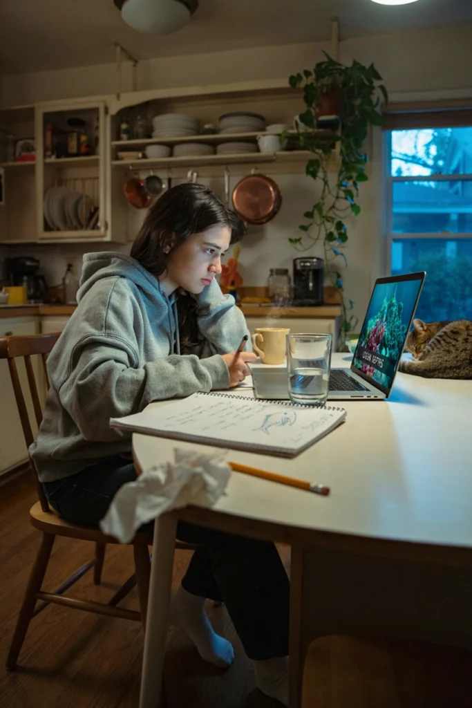 Teenager taking notes on a laptop at a kitchen table while watching a science documentary