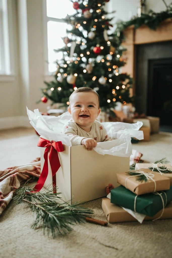 Baby sitting inside large open gift box styled with tissue paper