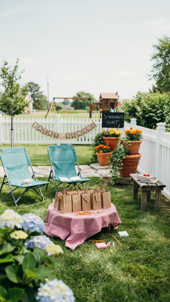 Kids running through a backyard holding brown paper bags, one child pulling a fun pencil from behind a flowerpot