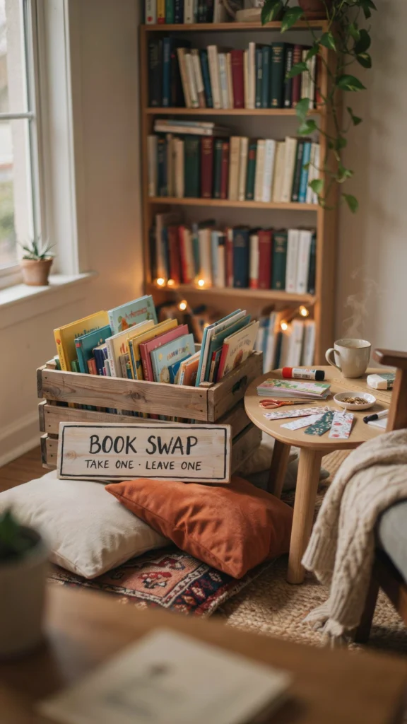 A cozy reading corner with floor pillows, string lights, a crate of books with a "Book Swap" sign, and bookmark-making supplies on a low table
