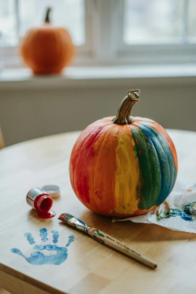Pumpkin painted in wide vertical rainbow stripes using painter's tape